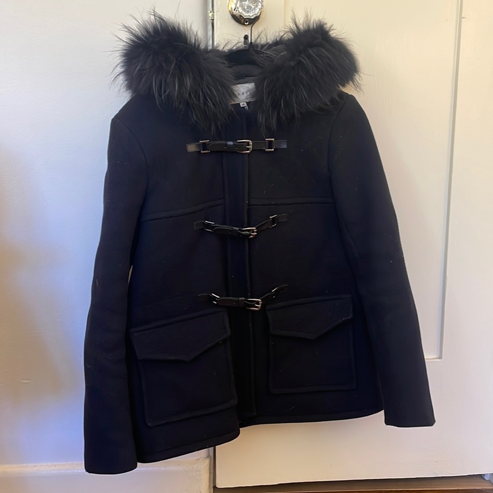 Sandro Navy Wool and Fur Peacoat